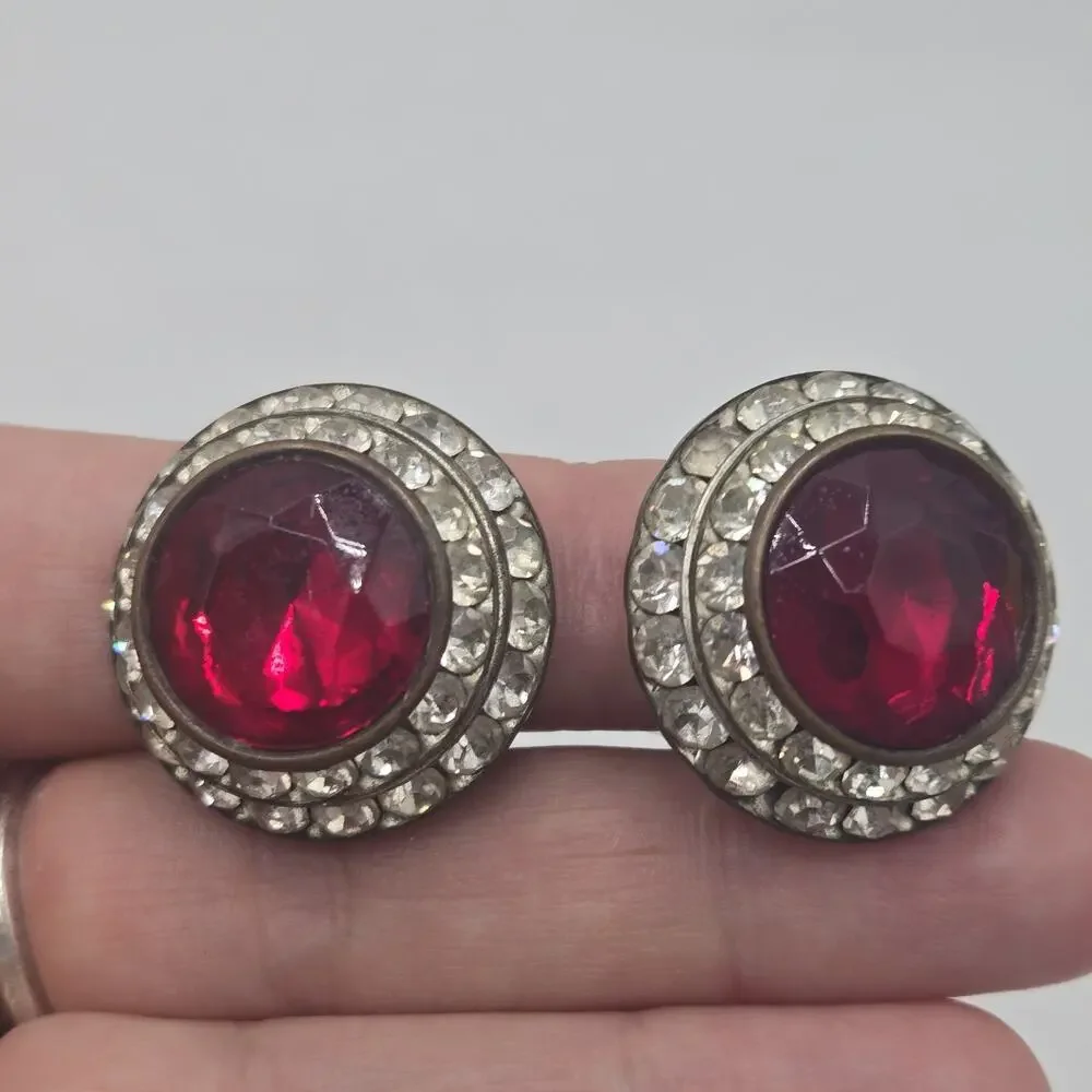 Vtg Rhinestone Clip On Earrings Ruby Red Glass Double Halo Headlight Hollywood